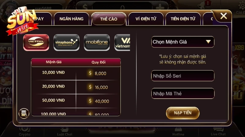 Các Phương Thức Nạp Tiền SunWin Nhanh - An Toàn - Tiện Lợi 2 Người chơi dễ dàng nạp tiền SunWin bằng thẻ cào điện thoại