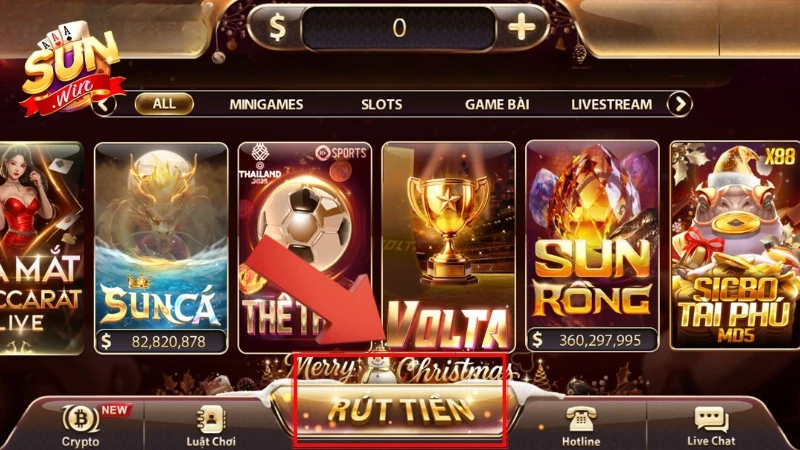 Người chơi truy cập mục “Rút tiền SunWin” ở giao diện trang chủ