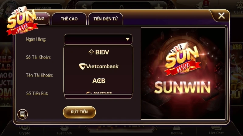 Xác nhận lệnh rút tiền SunWin và đợi hệ thống xử lý trong vài phút